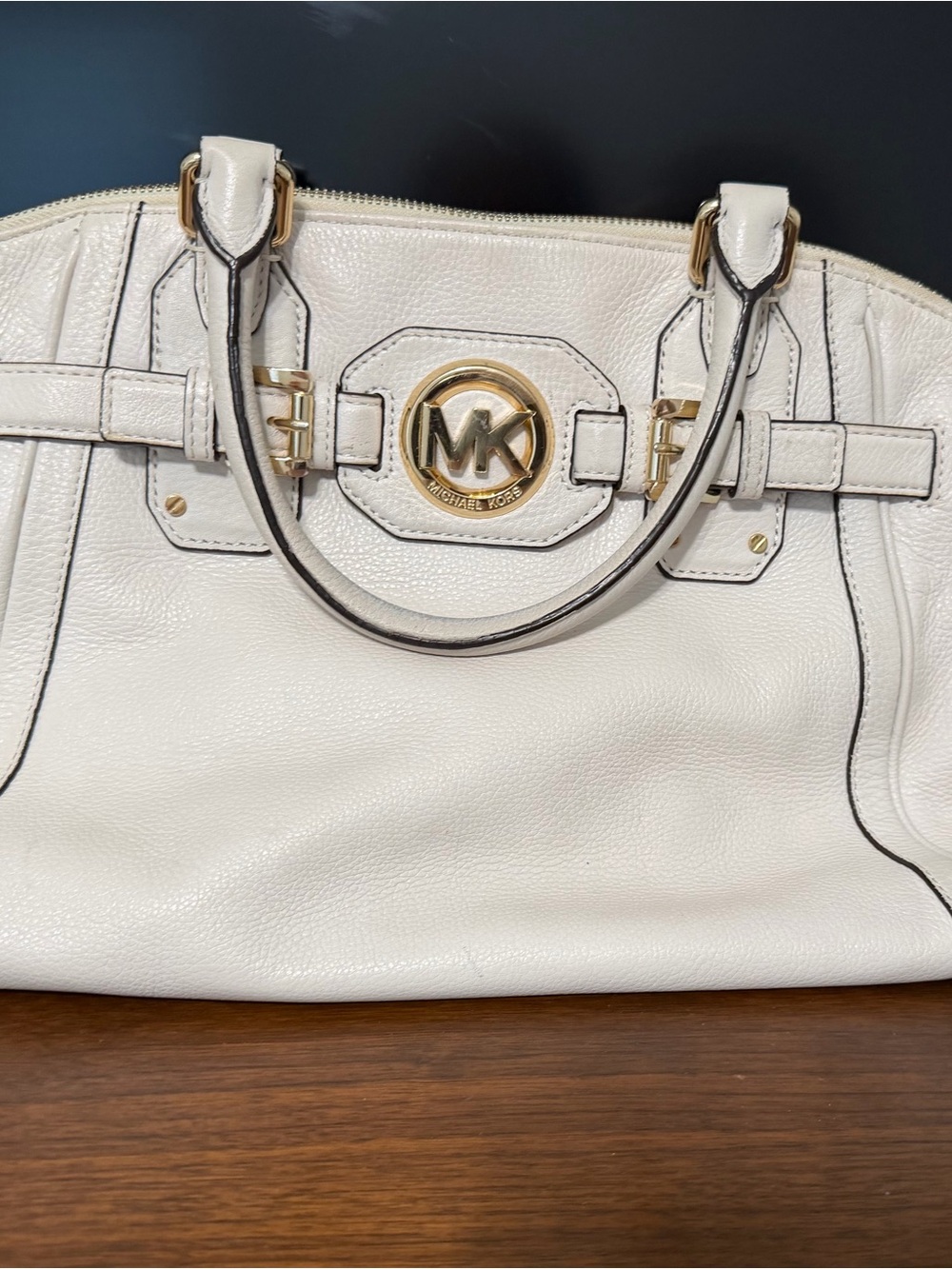 Michael Kors Cream Leather Satchel with Gold MK Emblem